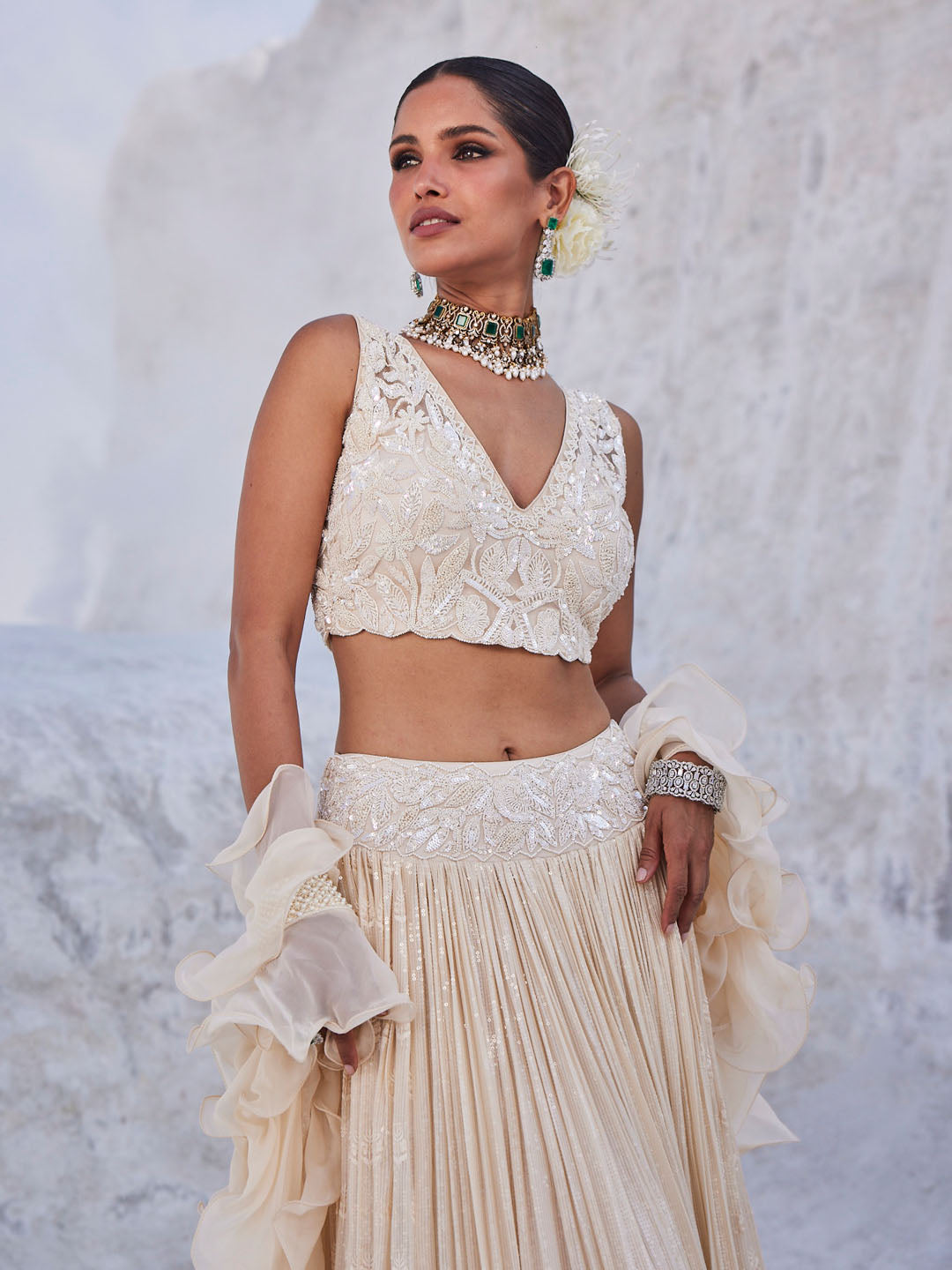 Sequin Embroidered Georgette Choli With Lehenga &amp; Dupatta