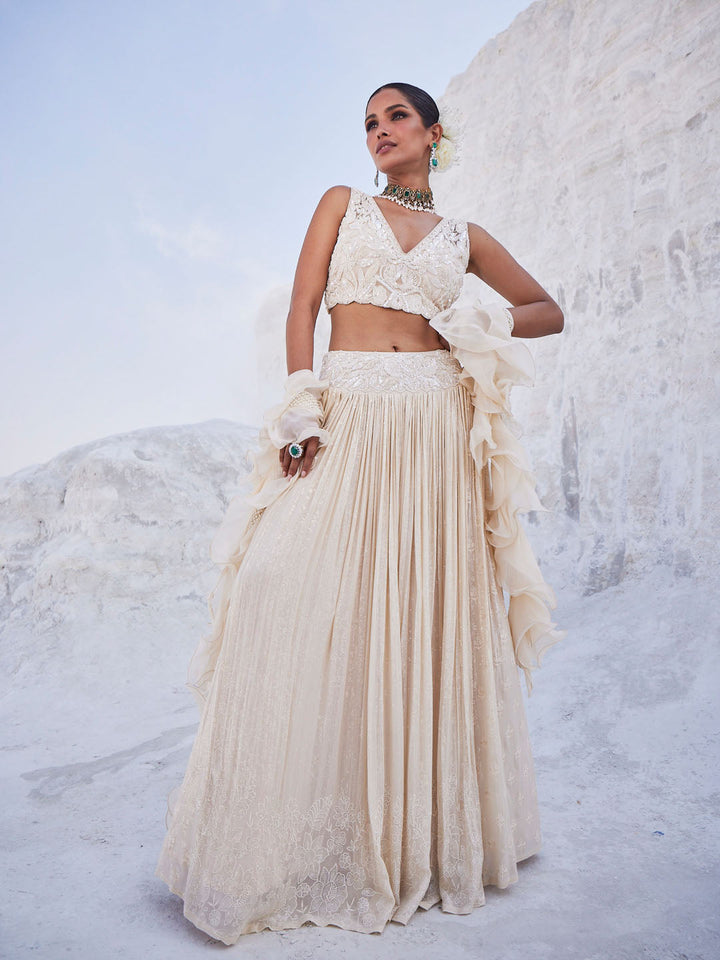 Sequin Embroidered Georgette Choli With Lehenga &amp; Dupatta