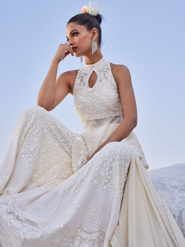 Resham Sequin Embroidered Georgette Kurti With Sharara With Dupatta