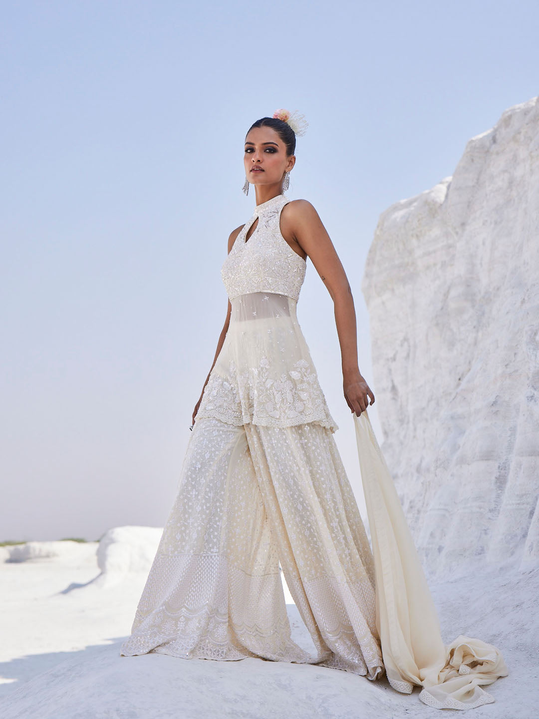 Resham Sequin Embroidered Georgette Kurti With Sharara With Dupatta