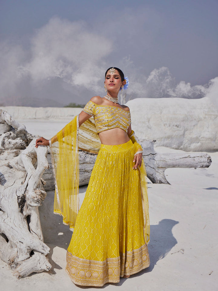 Mirror Embroidered Georgette Choli With Lehenga &amp; Dupatta