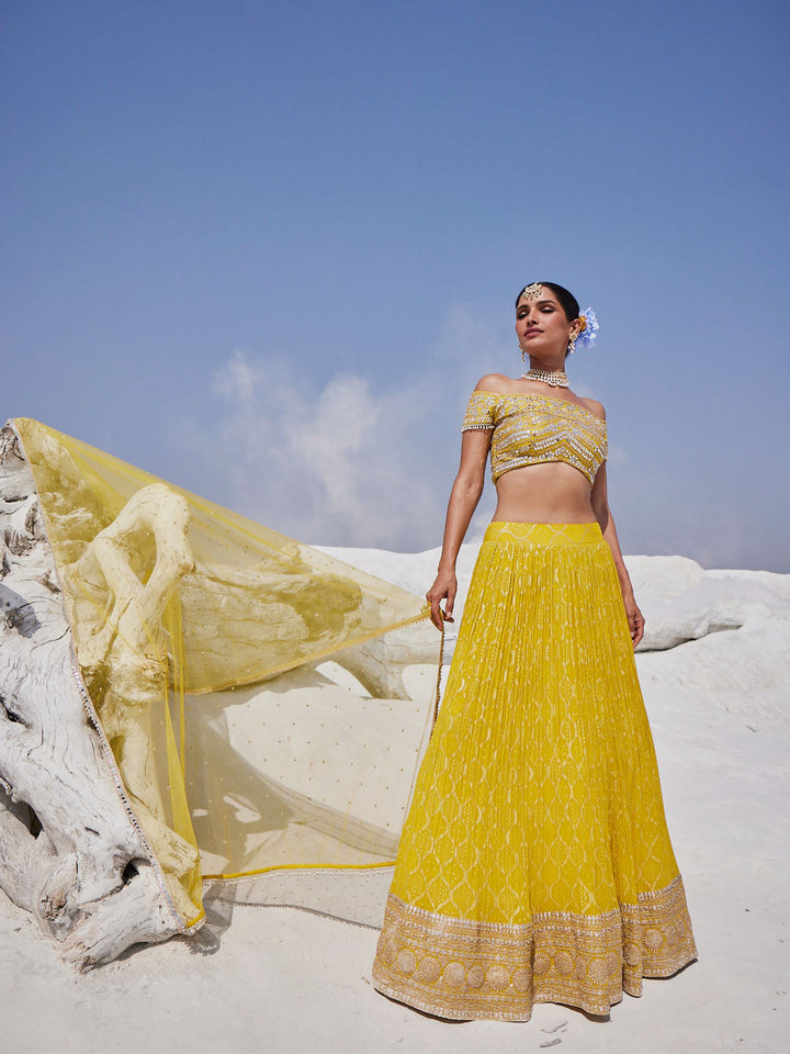 Mirror Embroidered Georgette Choli With Lehenga &amp; Dupatta