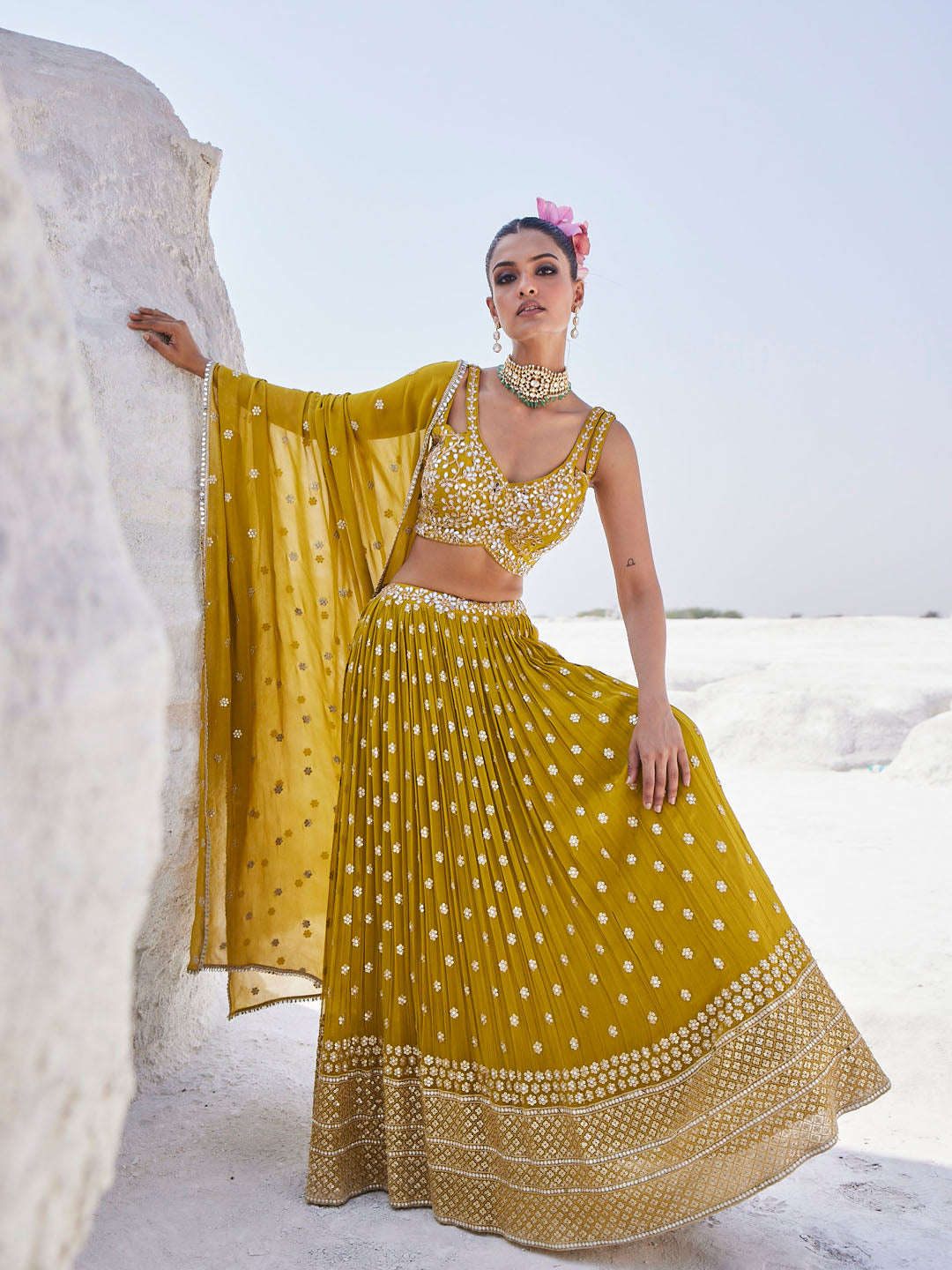 Sequin Embroidered Georgette Choli With Lehenga &amp; Dupatta