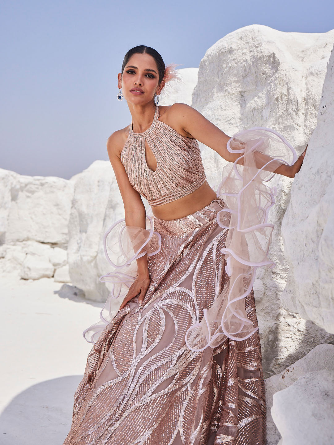 Sequin Embroidered Net Choli With Lehenga &amp; Dupatta