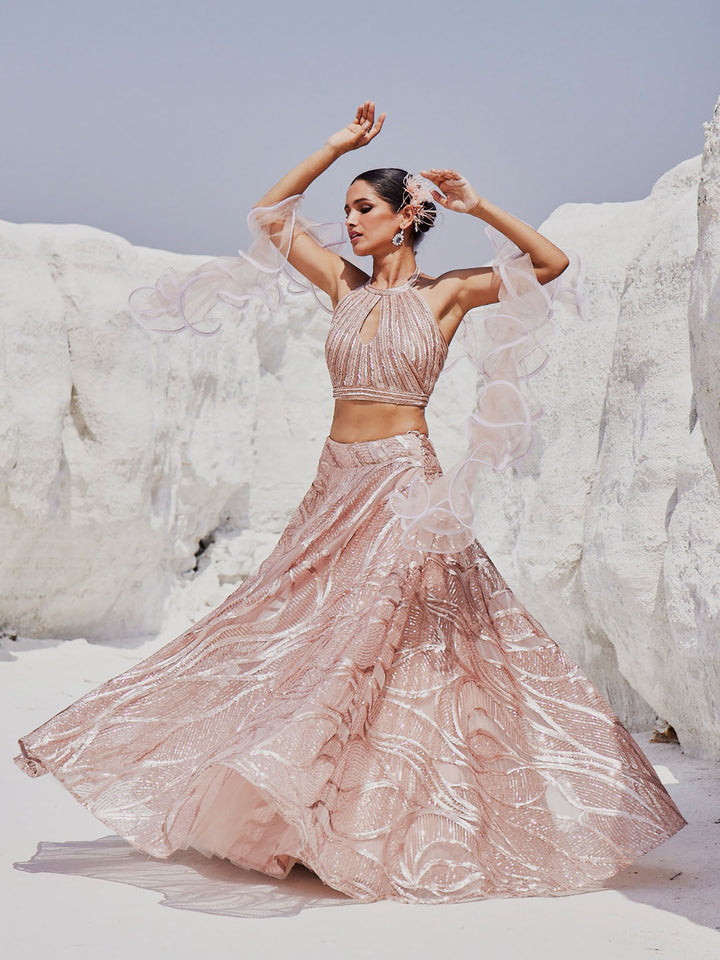 Sequin Embroidered Net Choli With Lehenga &amp; Dupatta