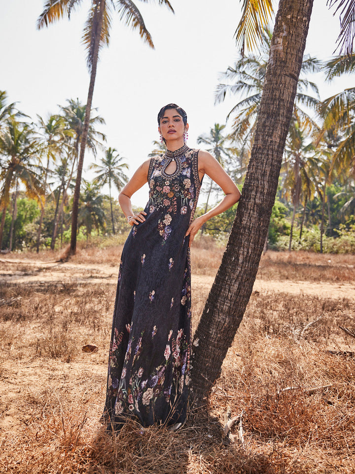 Digital Floral Printed Crepe Gown