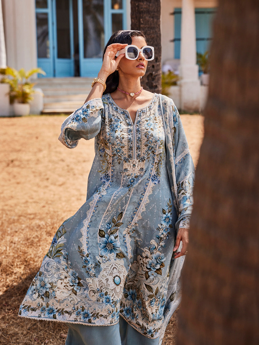 Digital Printed Georgette Kurta With Palazzo &amp; Dupatta