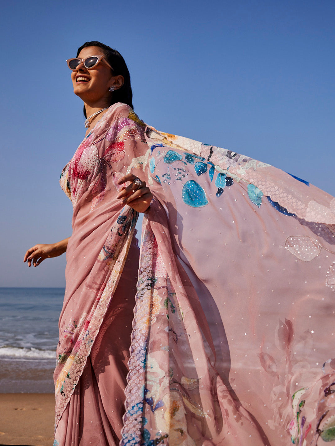 Sequin Work Printed Georgette Saree