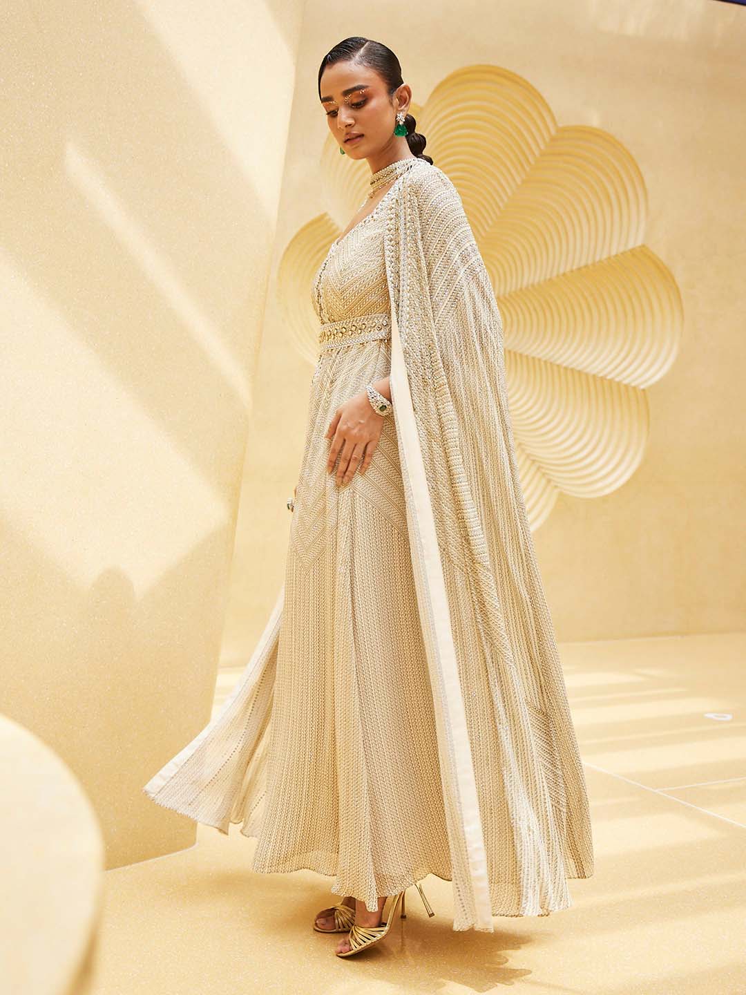 Digital Printed Crepe Gown Dress With Cape