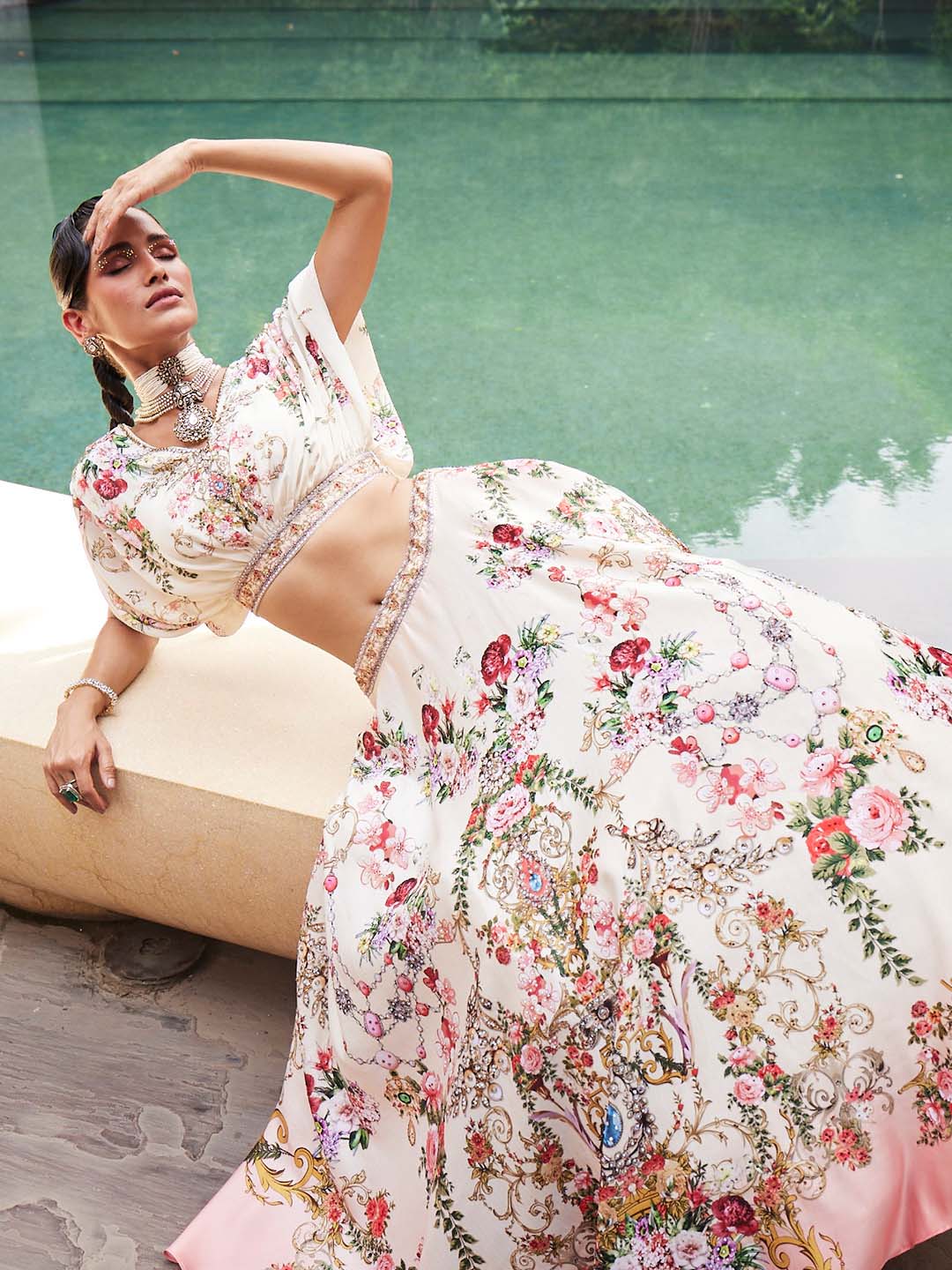 Floral Printed Crepe Choli With Lehenga &amp; Dupatta