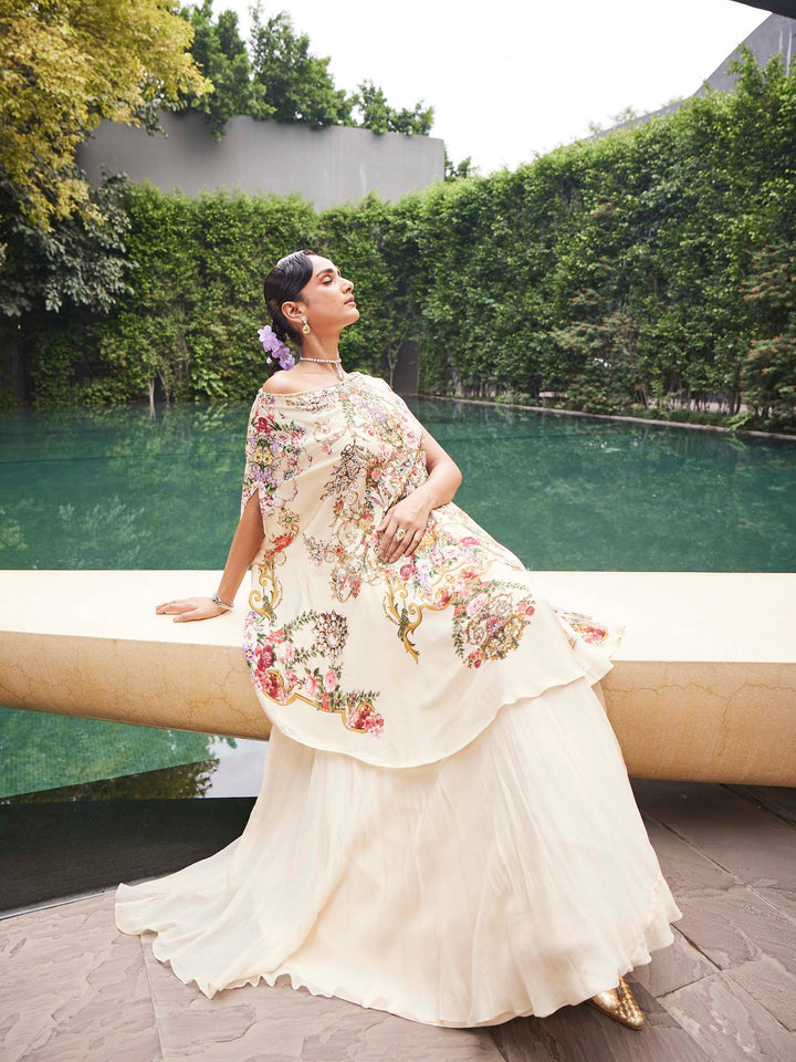 Floral Printed Crepe Choli With Lehenga &amp; Dupatta