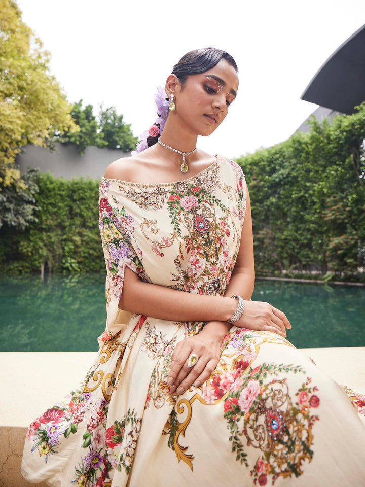 Floral Printed Crepe Choli With Lehenga &amp; Dupatta