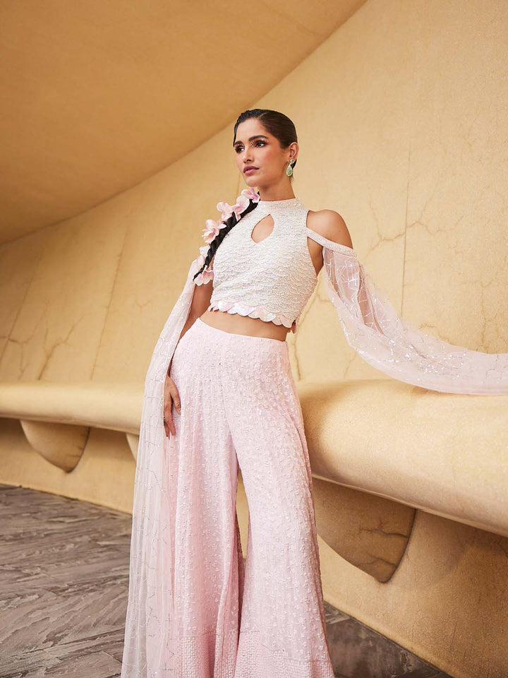 Resham Embroidered Georgette Crop Top With Pants &amp; Dupatta