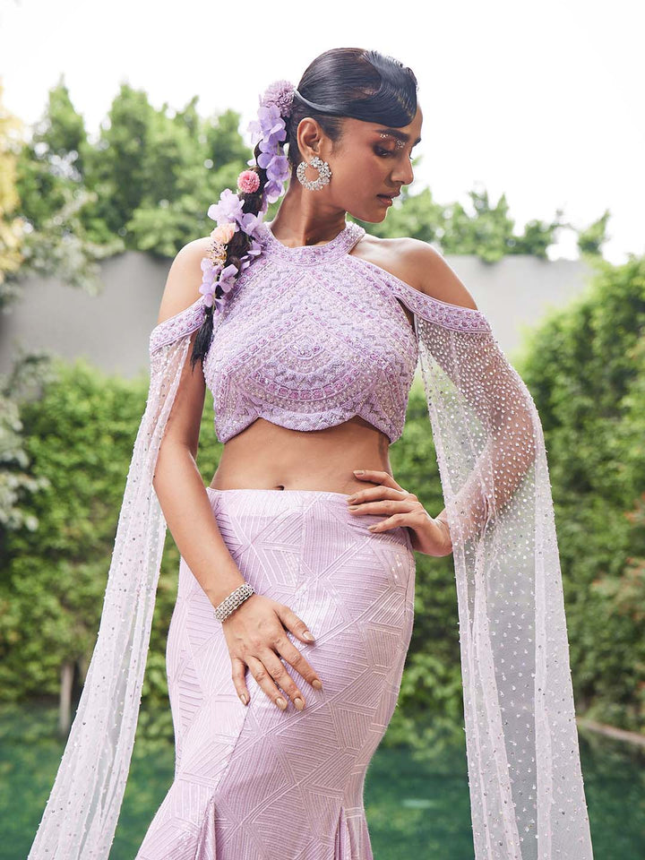 Resham Sequin Embroidered Georgette Cape Style Choli With Skirt