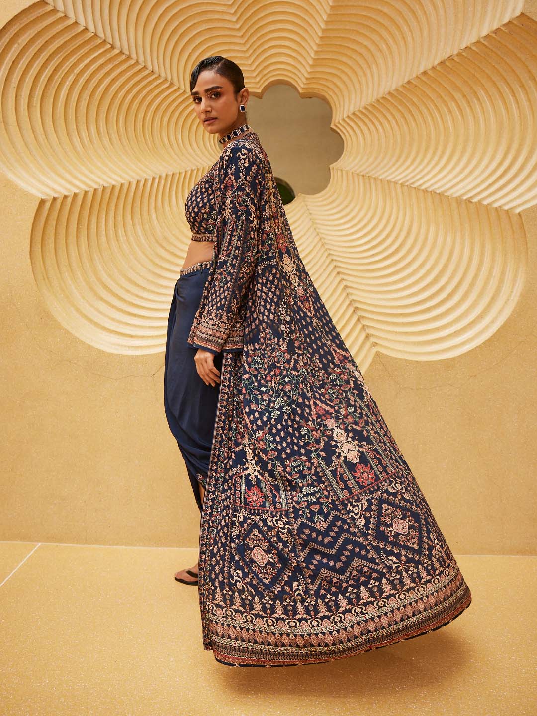 Printed Crepe Choli With Drape Dhoti &amp; Dupatta