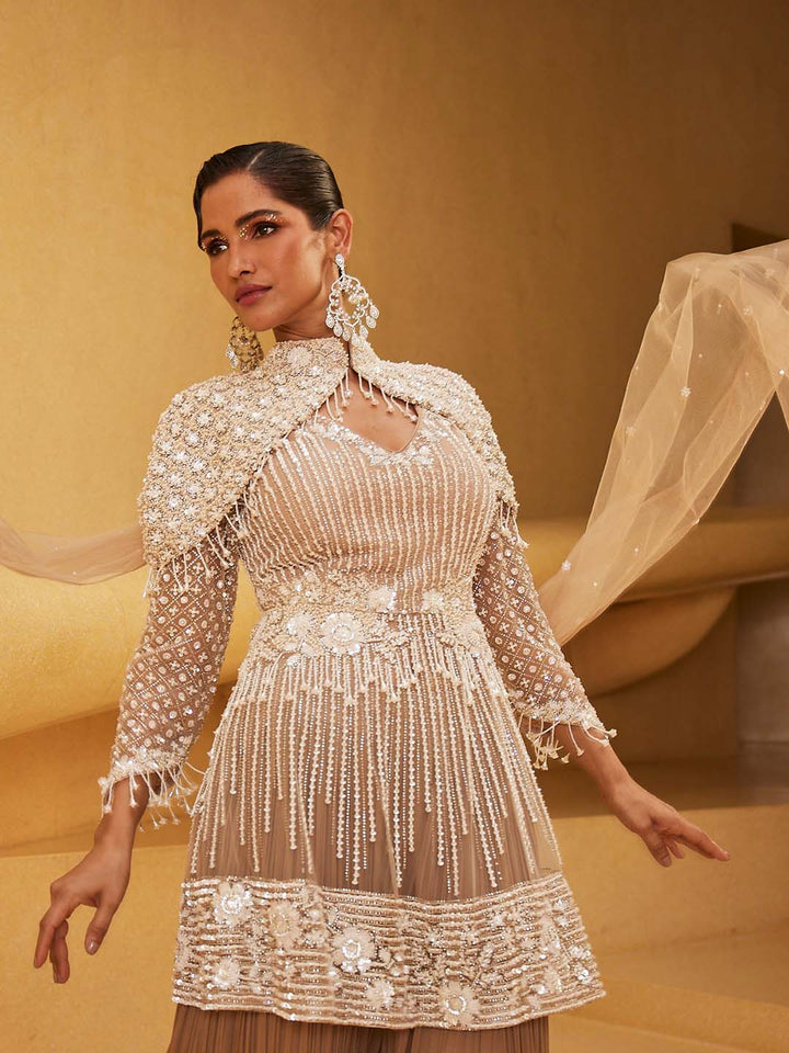 Embroidered Net Kurti With Palazzo &amp; Dupatta