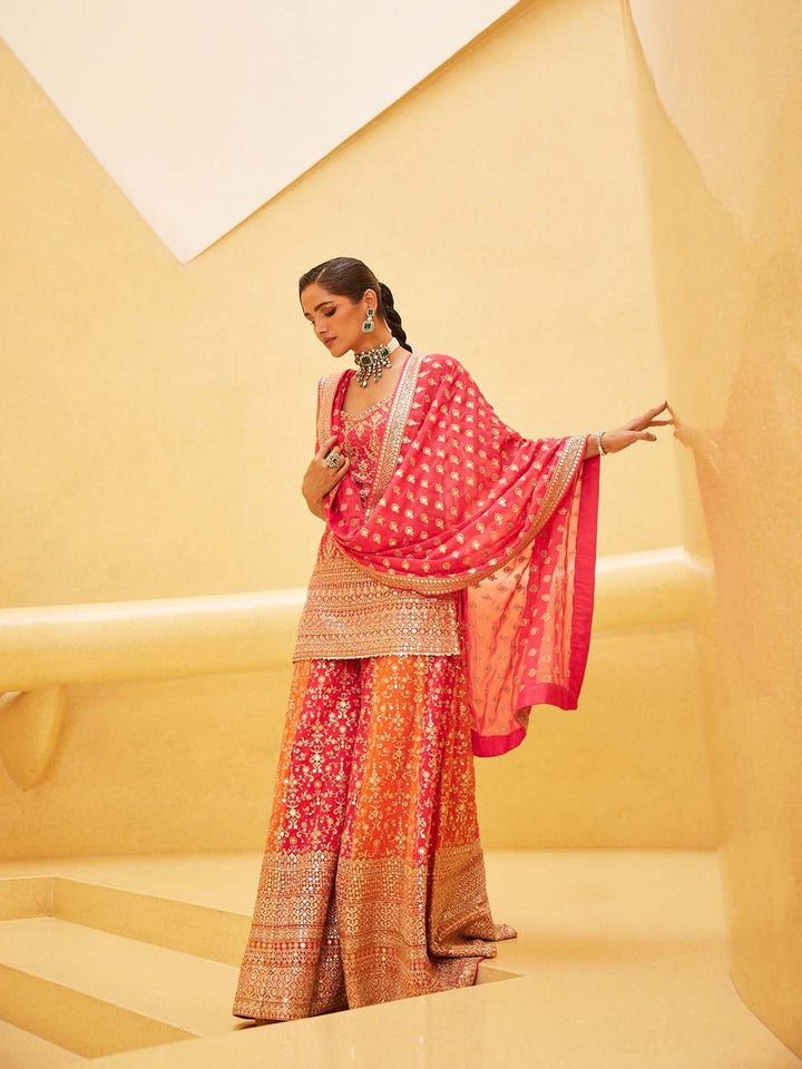 Zari Embroidered Georgette Kurti With Palazzo &amp; Dupatta