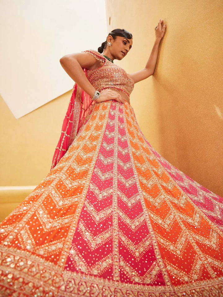 Embroidered Georgette Choli With Lehenga &amp; Dupatta