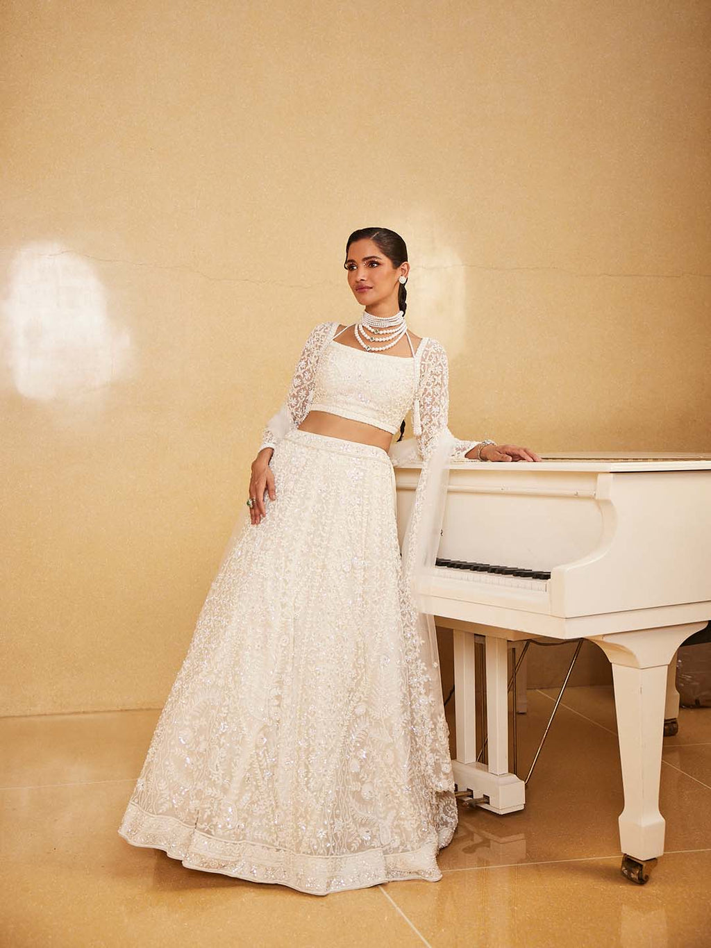 Pearl Embroidered Net Choli With Lehenga & Dupatta