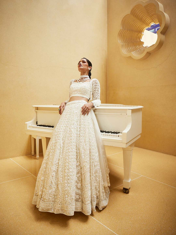 Pearl Embroidered Net Choli With Lehenga &amp; Dupatta