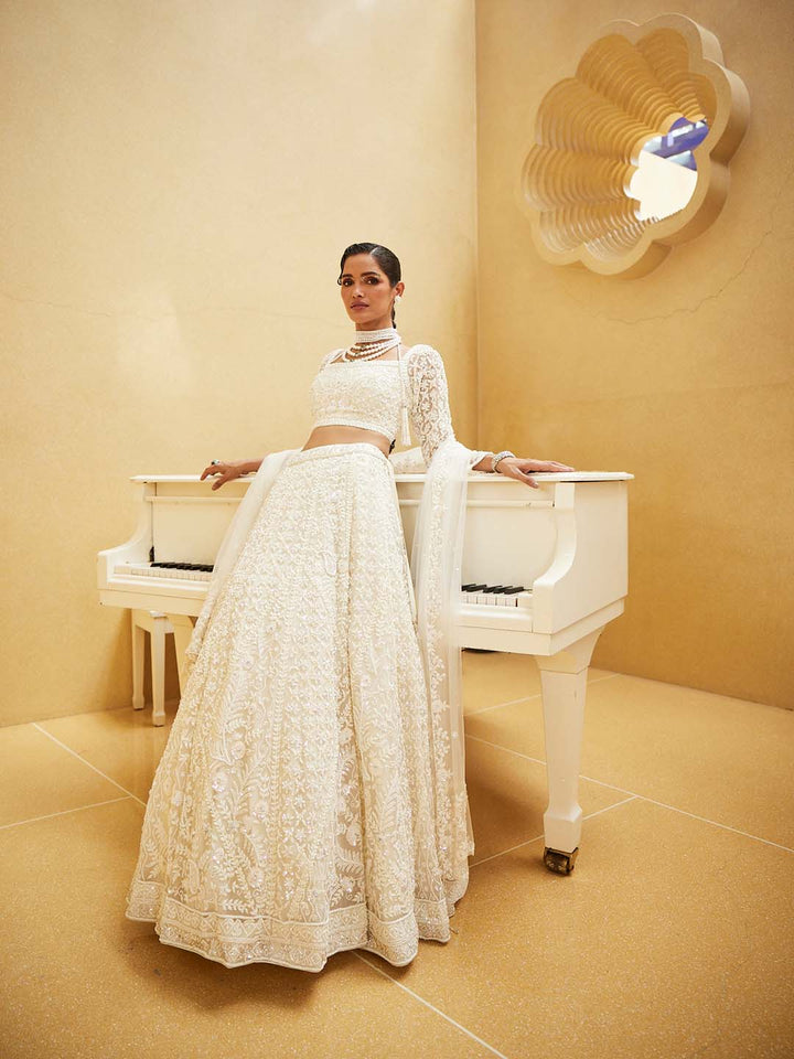 Pearl Embroidered Net Choli With Lehenga &amp; Dupatta