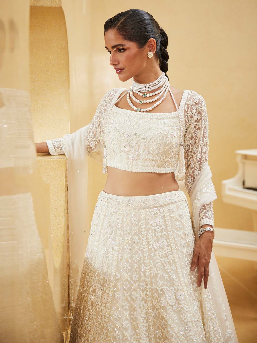 Pearl Embroidered Net Choli With Lehenga & Dupatta