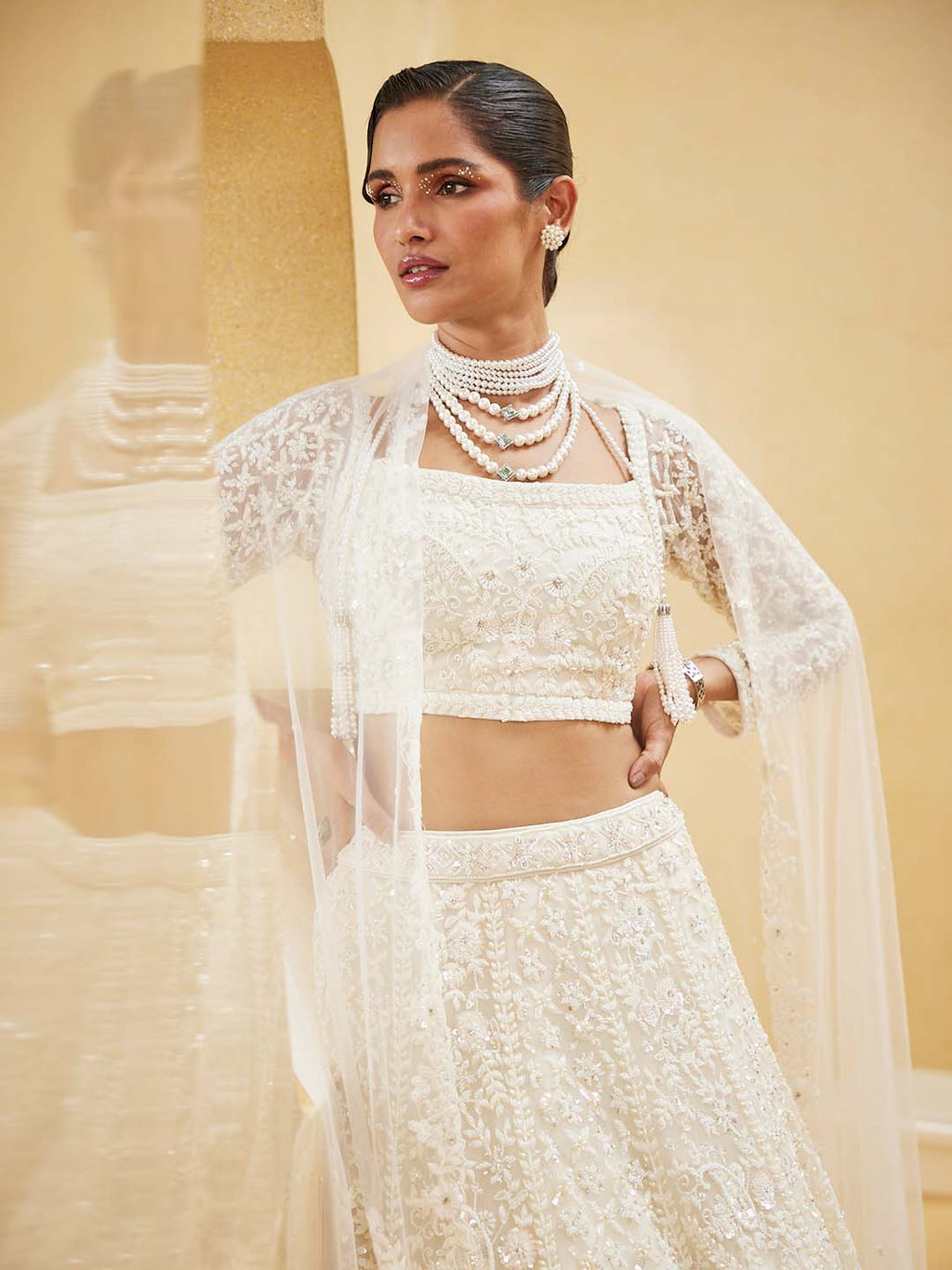 Pearl Embroidered Net Choli With Lehenga & Dupatta
