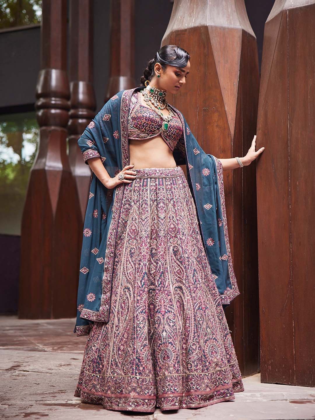 Embroidered Georgette Choli With Lehenga &amp; Dupatta