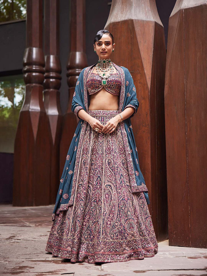 Embroidered Georgette Choli With Lehenga &amp; Dupatta