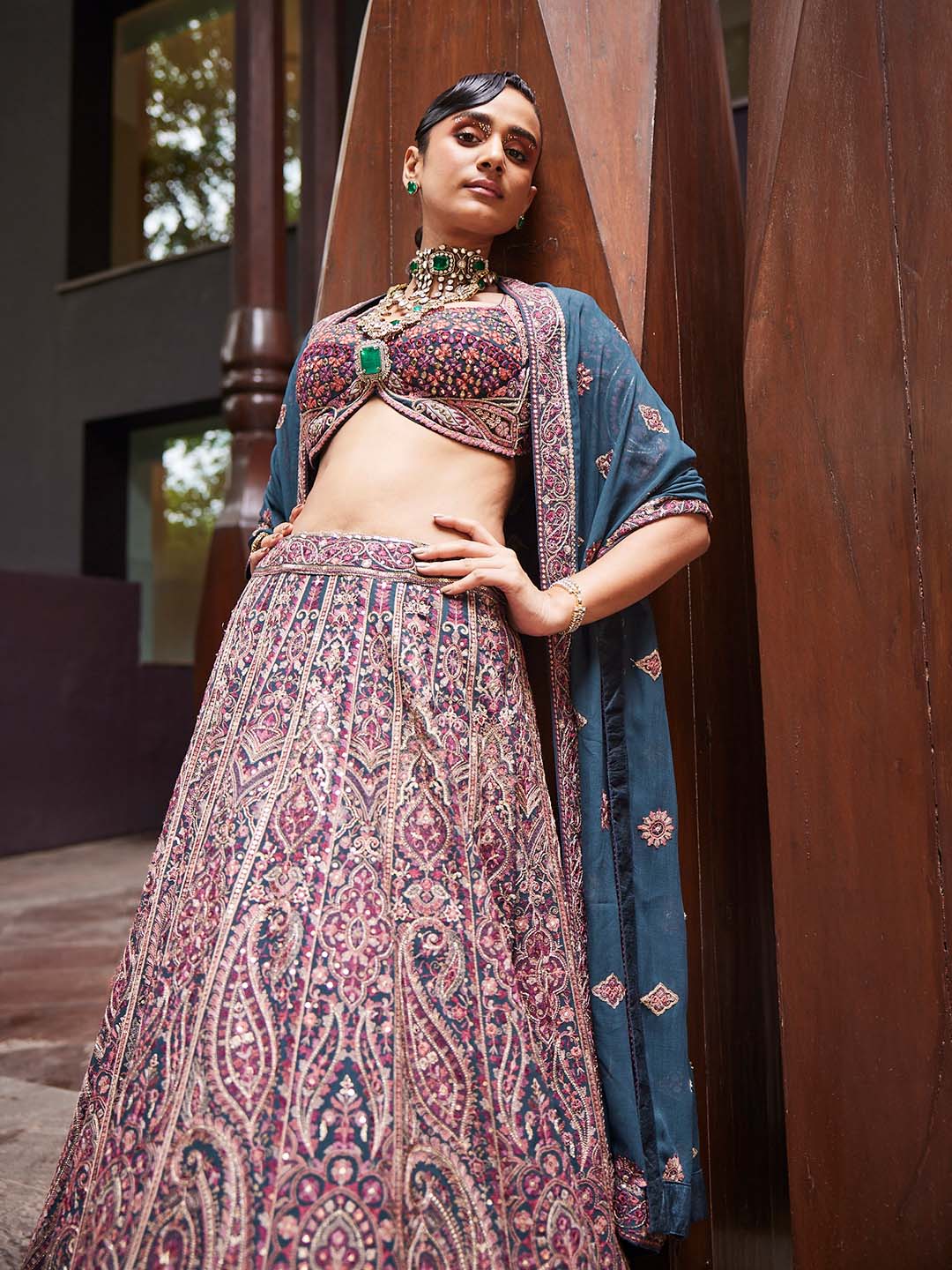 Embroidered Georgette Choli With Lehenga &amp; Dupatta