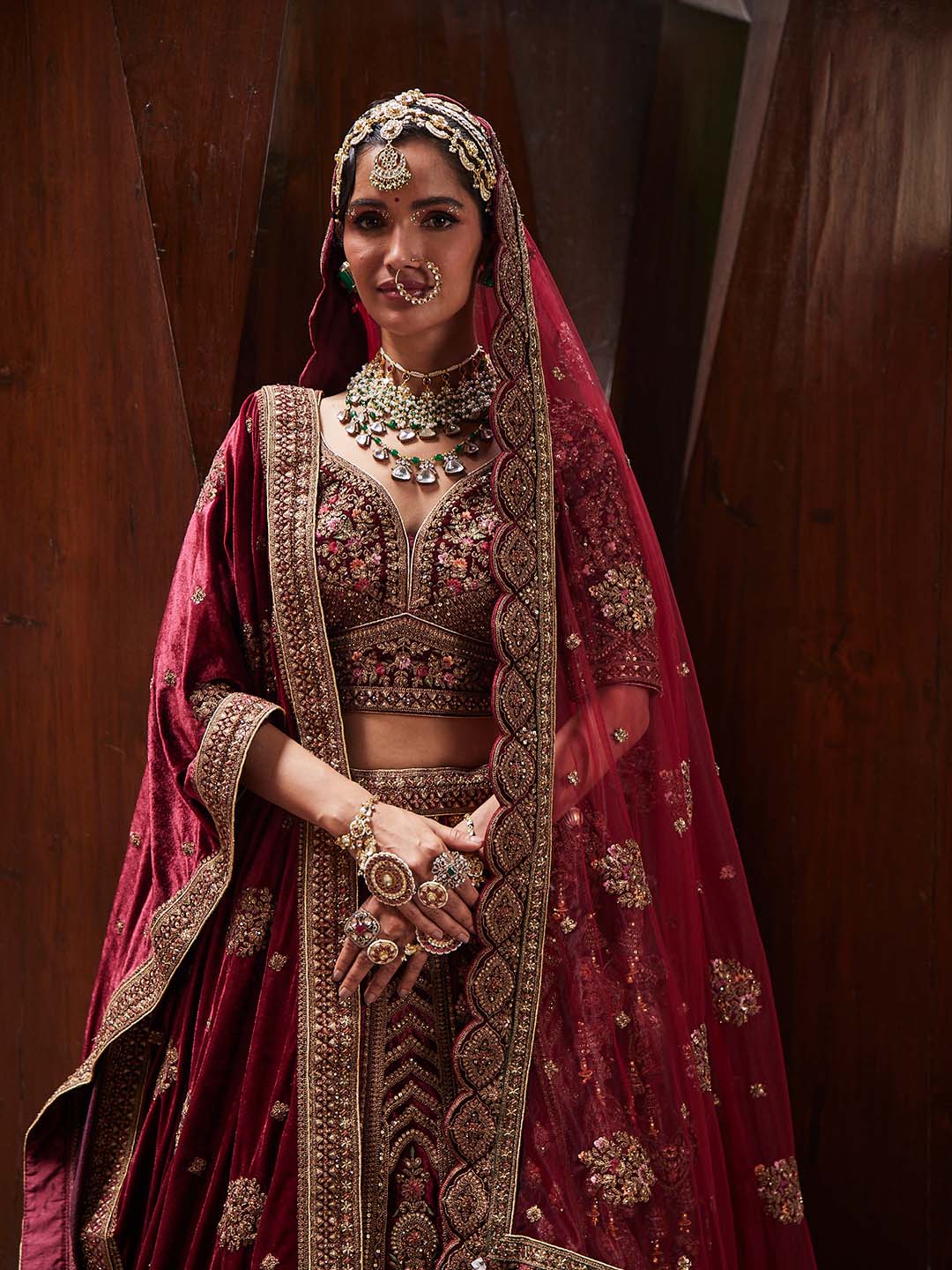 Embroidered Bridal Velvet Unstitched Choli and Lehenga With 2 Dupatta