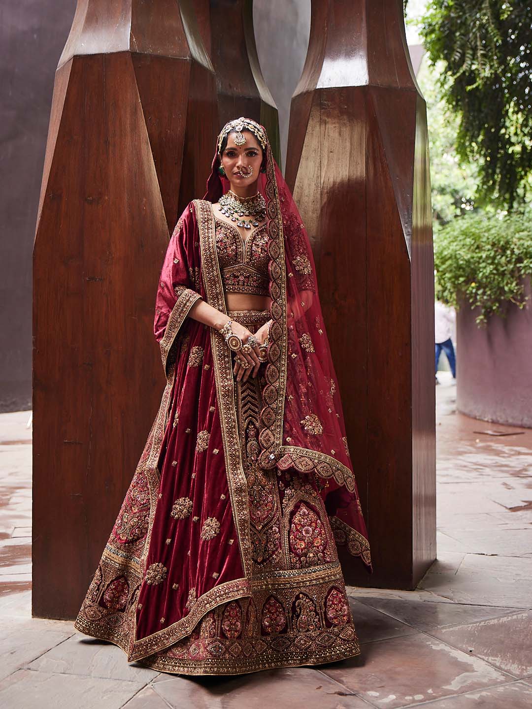 Embroidered Bridal Velvet Unstitched Choli and Lehenga With 2 Dupatta