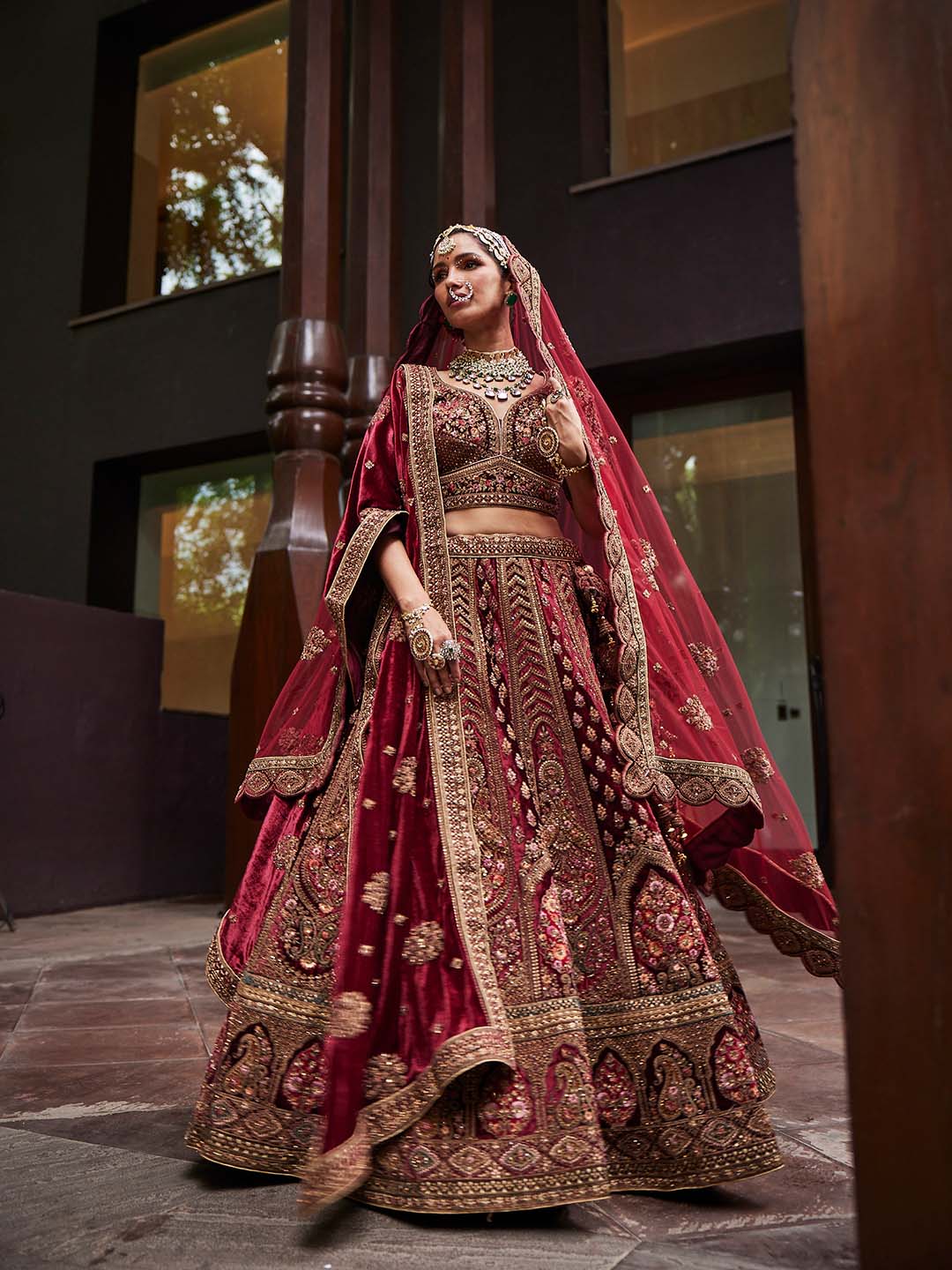 Embroidered Bridal Velvet Unstitched Choli and Lehenga With 2 Dupatta