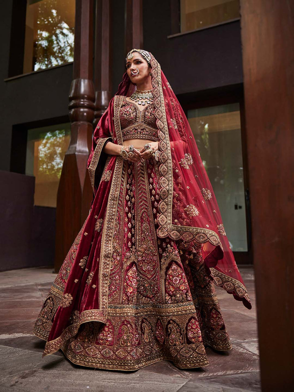 Embroidered Bridal Velvet Unstitched Choli and Lehenga With 2 Dupatta