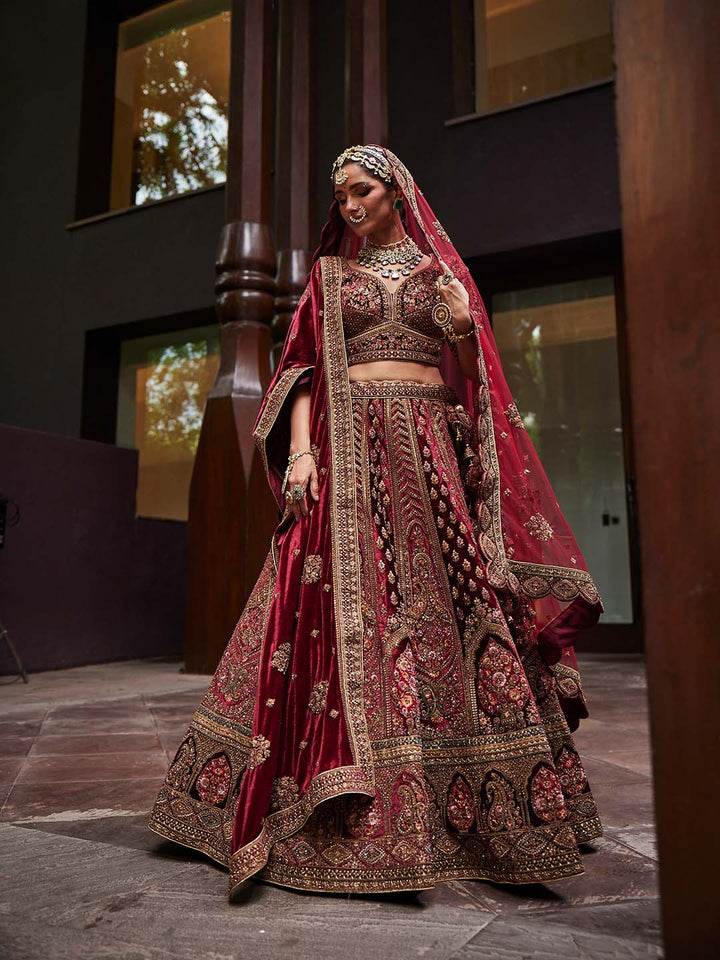 Embroidered Bridal Velvet Unstitched Choli and Lehenga With 2 Dupatta