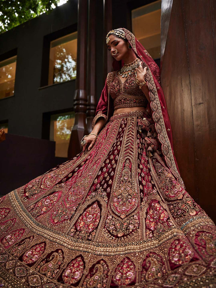 Embroidered Bridal Velvet Unstitched Choli and Lehenga With 2 Dupatta