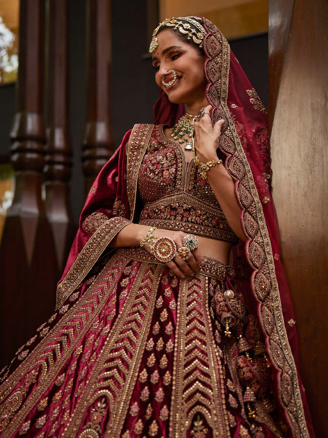 Embroidered Bridal Velvet Unstitched Choli and Lehenga With 2 Dupatta