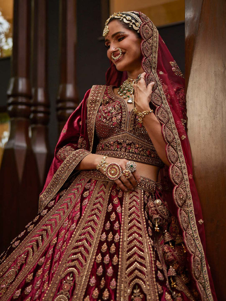Embroidered Bridal Velvet Unstitched Choli and Lehenga With 2 Dupatta