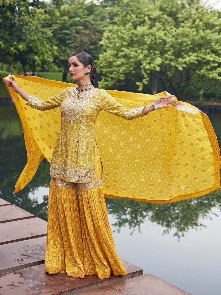 Resham Sequin Embroidered Georgette Kurti With Garara &amp; Dupatta