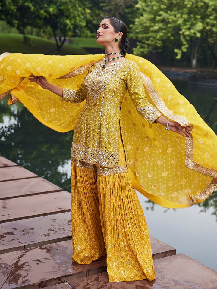 Resham Sequin Embroidered Georgette Kurti With Garara &amp; Dupatta