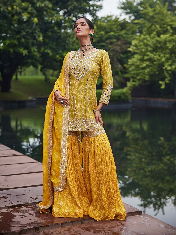 Resham Sequin Embroidered Georgette Kurti With Garara &amp; Dupatta