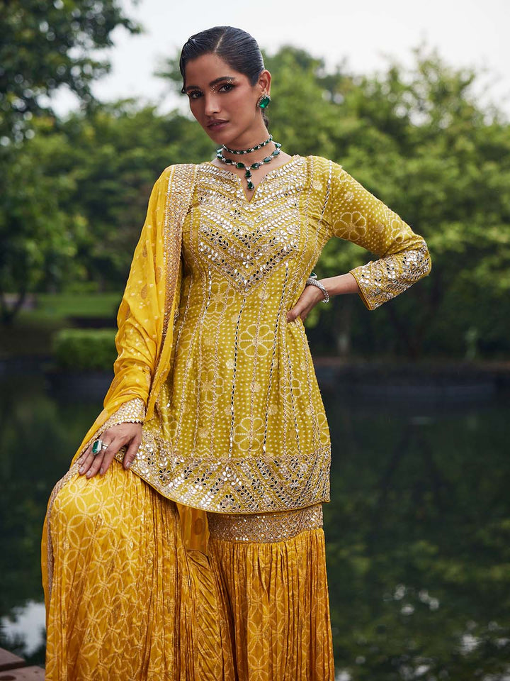 Resham Sequin Embroidered Georgette Kurti With Garara &amp; Dupatta