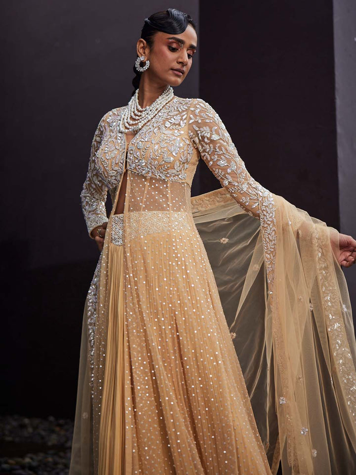 Sequin Embroidered Net Choli With Lehenga &amp; Dupatta