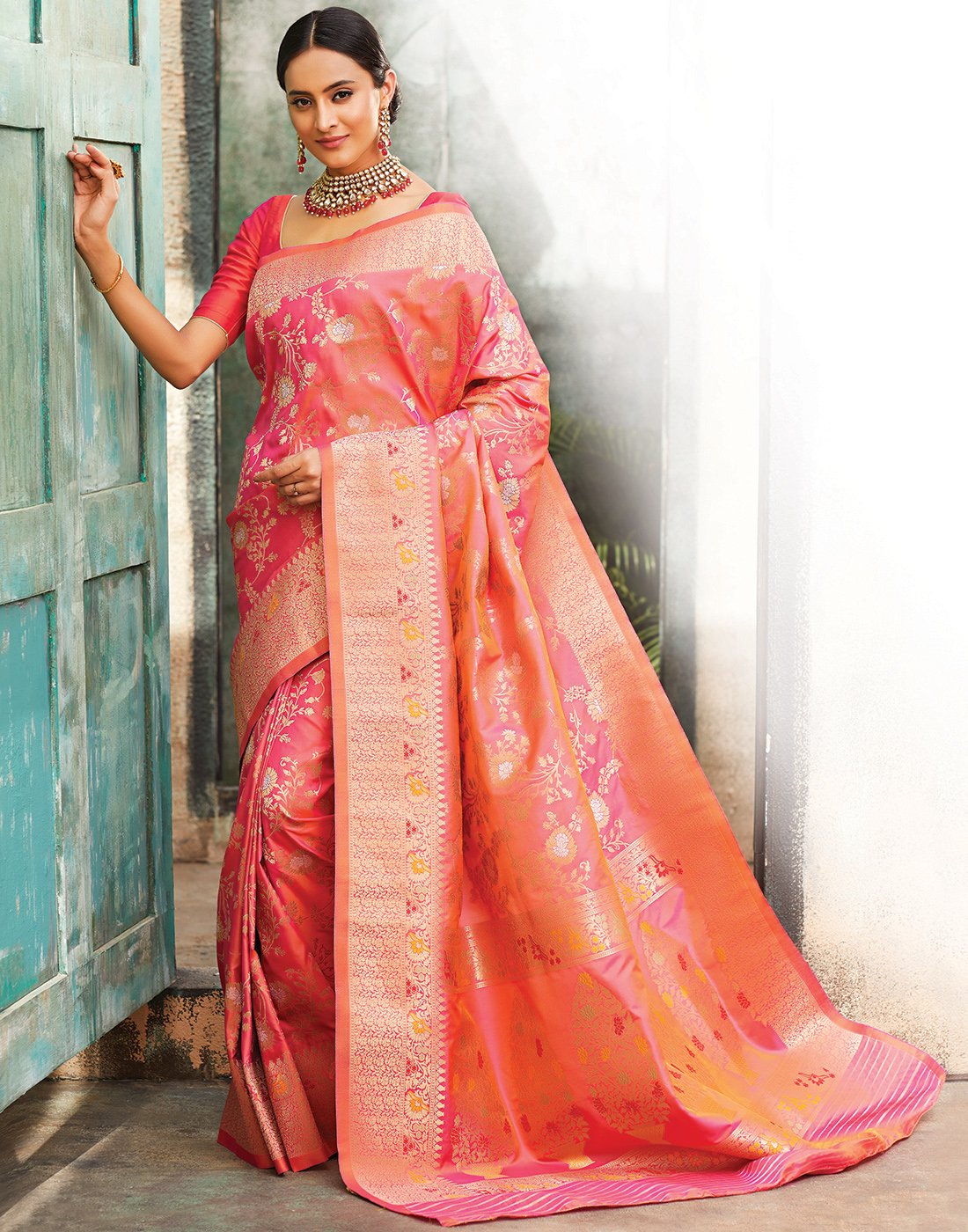Peach Pink Banarasi Woven Saree