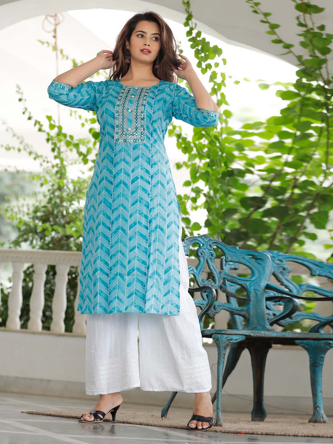 Printed Cotton Kurta With Pants &amp; Dupatta