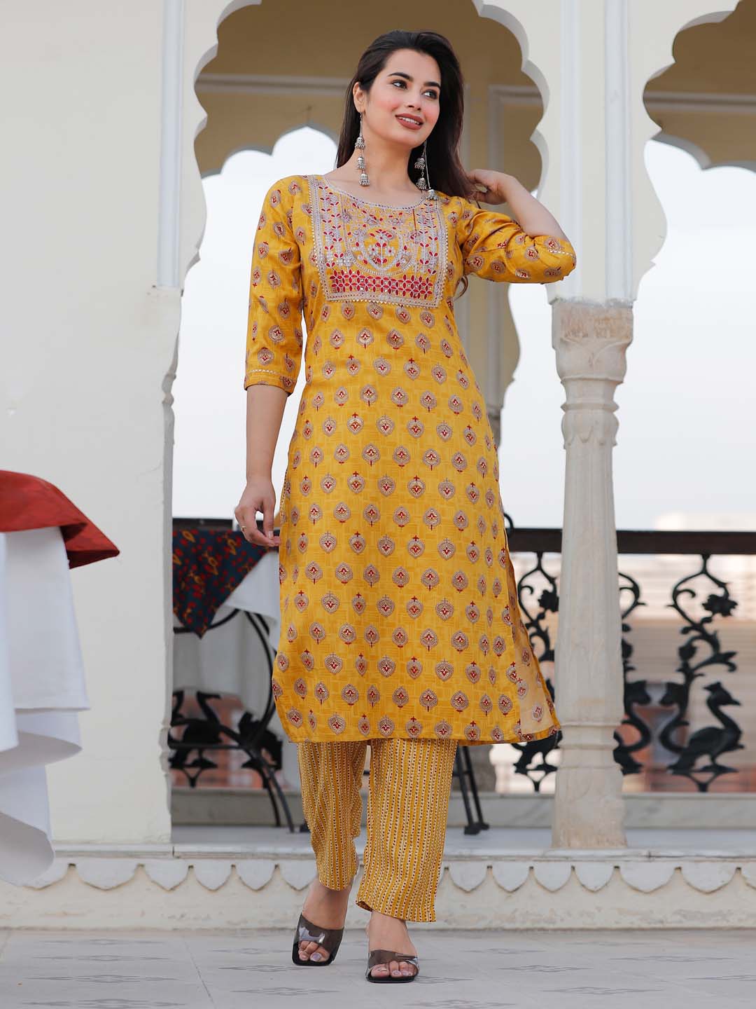 Neck Embroidered &amp; Printed Cotton Kurta With Pants