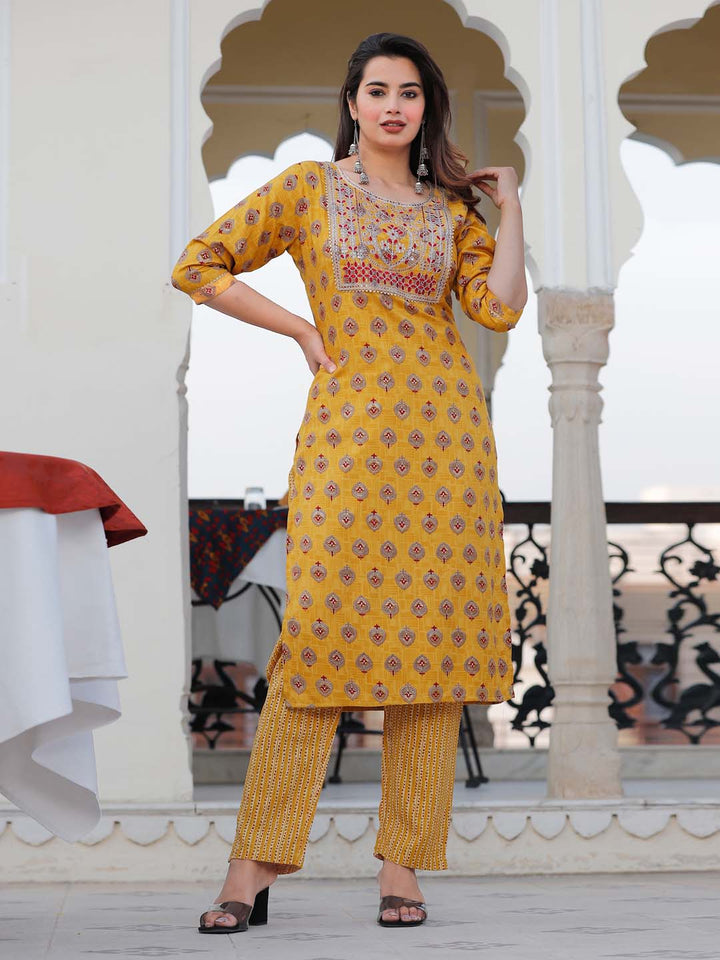 Neck Embroidered &amp; Printed Cotton Kurta With Pants