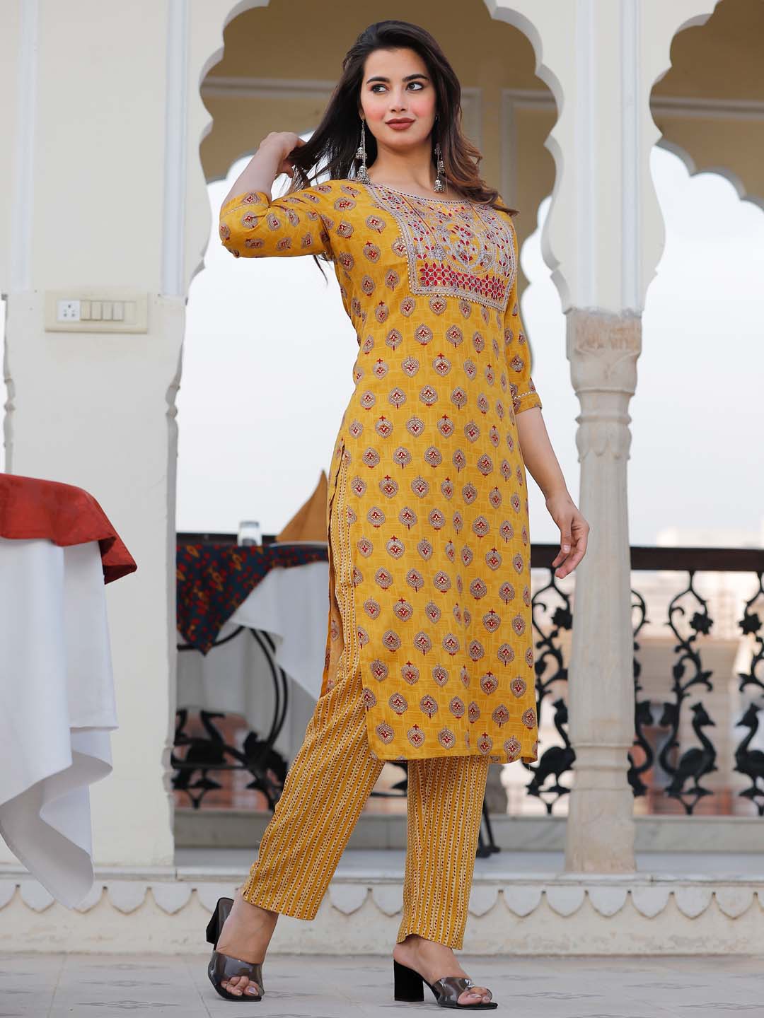 Neck Embroidered &amp; Printed Cotton Kurta With Pants