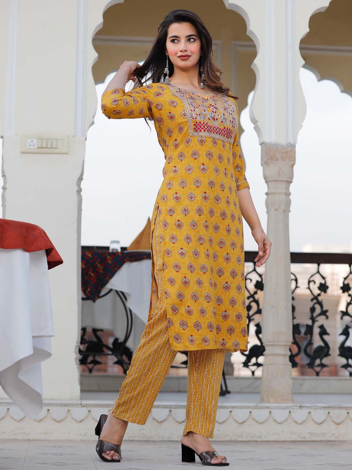 Neck Embroidered &amp; Printed Cotton Kurta With Pants