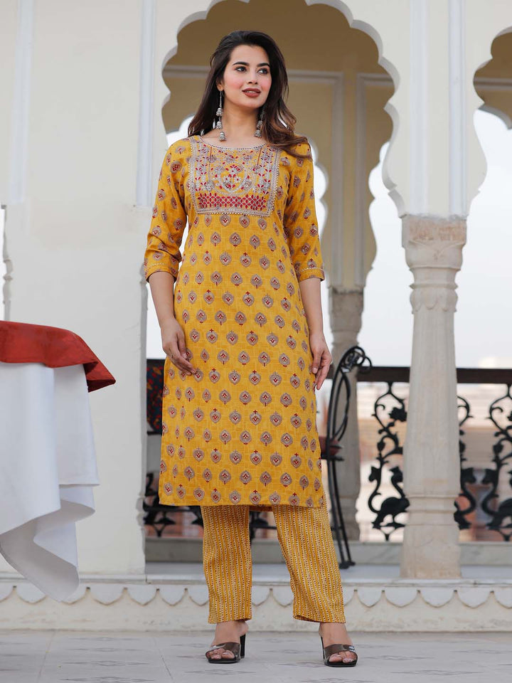 Neck Embroidered &amp; Printed Cotton Kurta With Pants